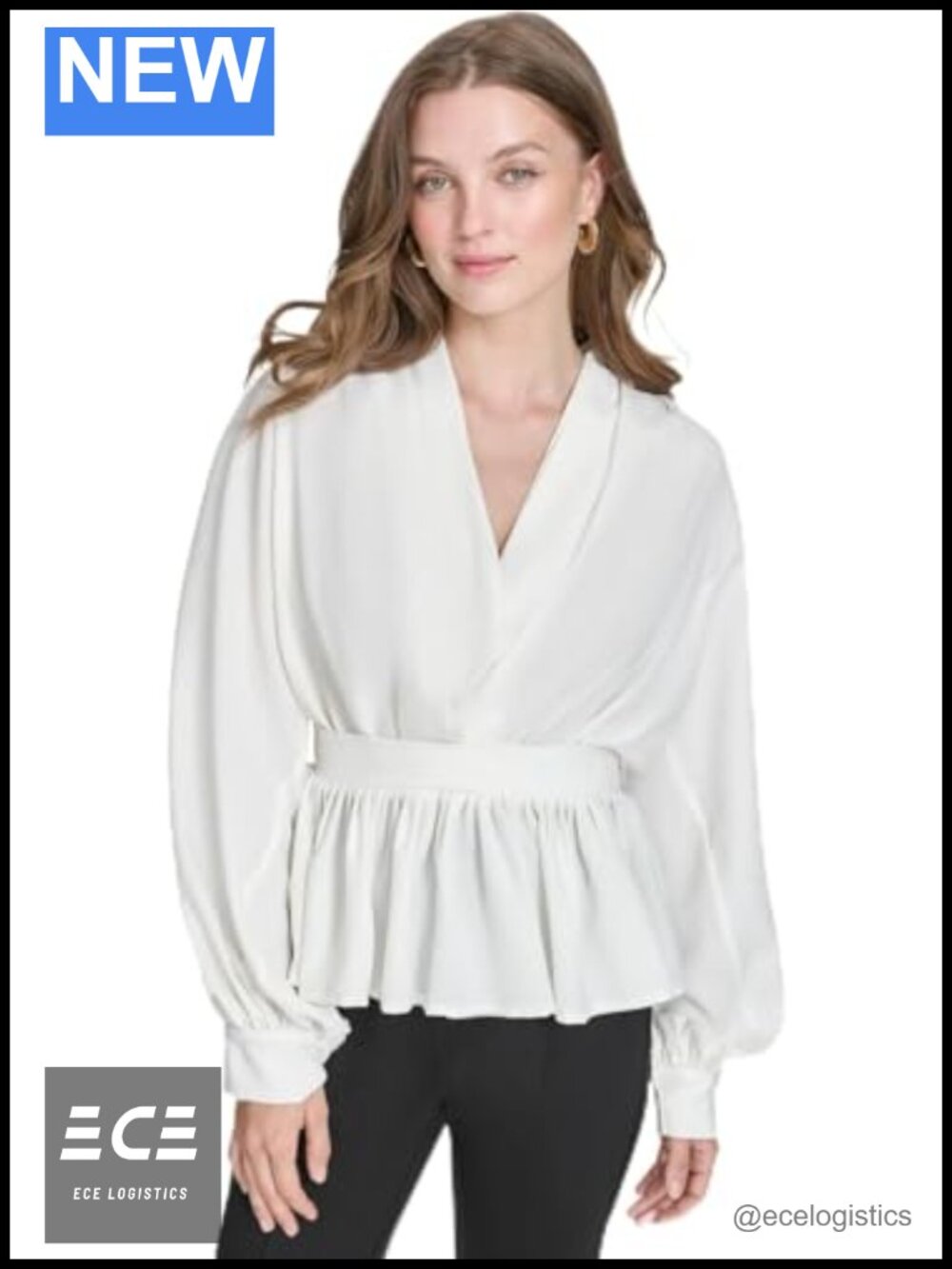 Womens Bishop Sleeve Cinched Waist Draping V Neck Long Sleeve Blouse Top